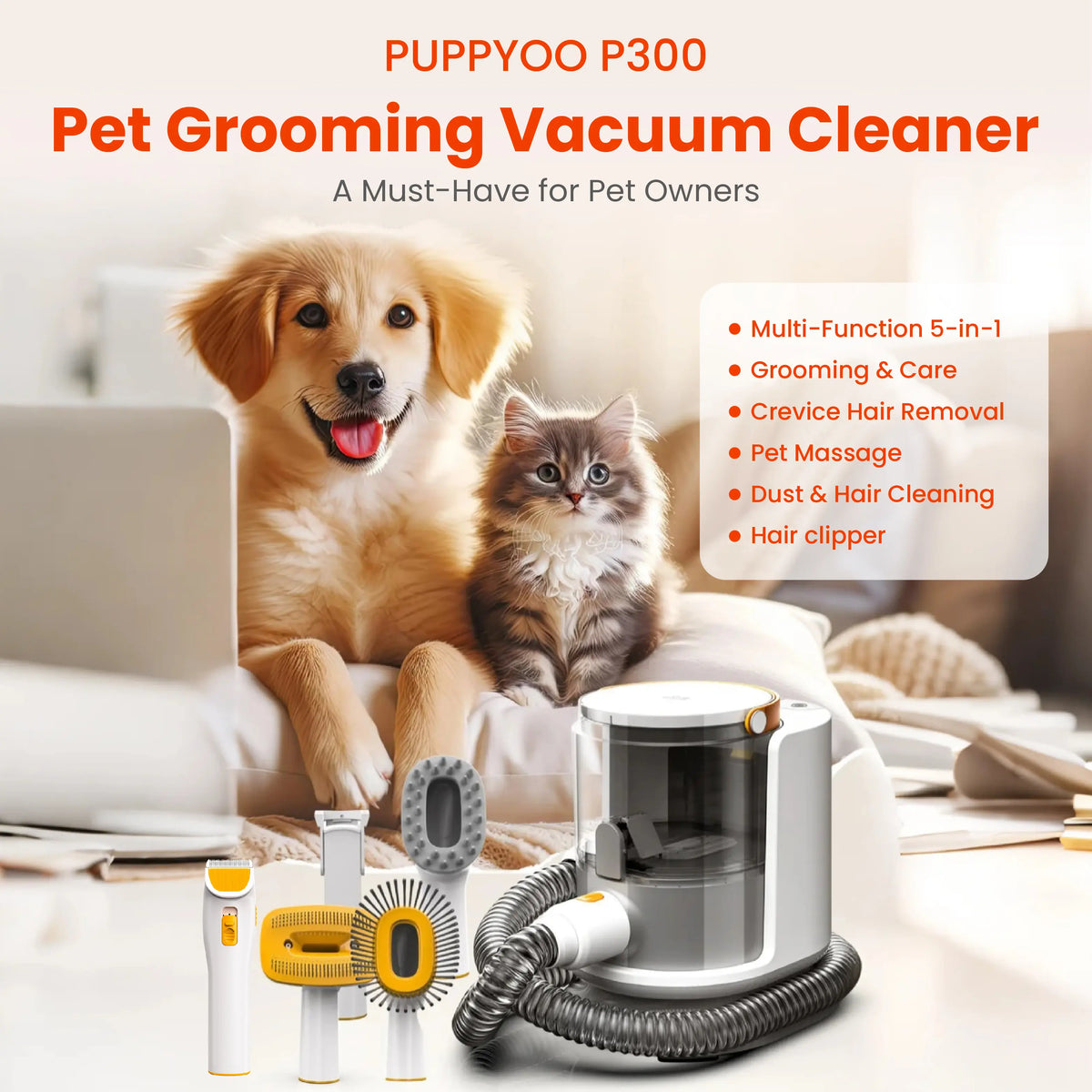 PUPPYOO 5-In-1 Dog Grooming Kit with 13000Pa Vacuum for Dogs & Cats, 1.5L Dust Cup, 4M Cord, Whisper-Quiet Operation, Adjustable Guard Combs, Hair Remover Roller